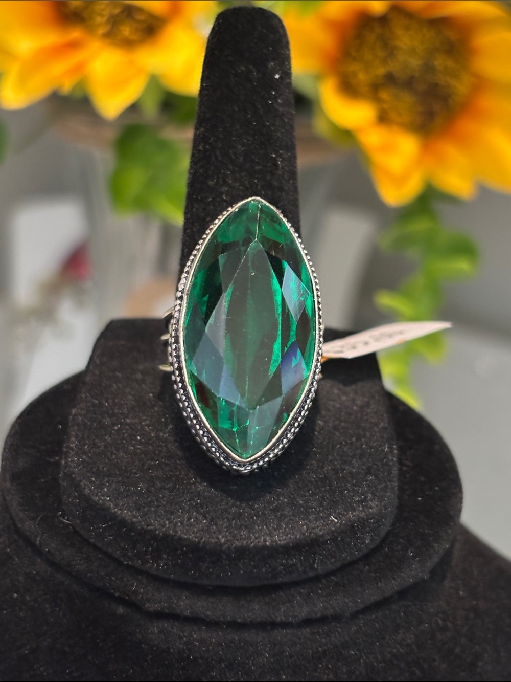 Green Quartz Marquise Gemstone Silver Statement Ring Size 8.5